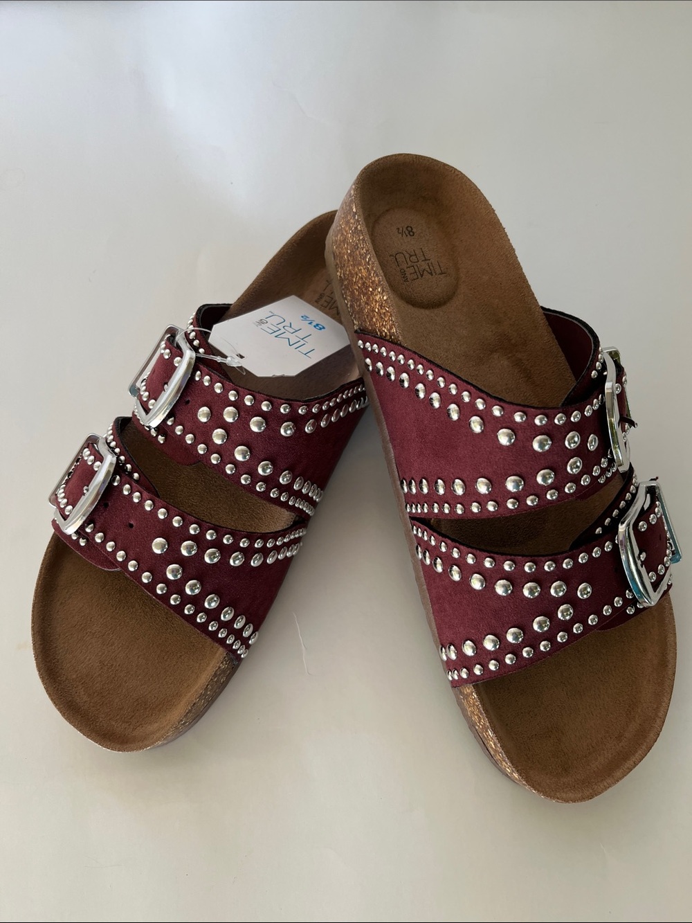 Time and Tru Maroon Studded Double-Buckle Slide Sandals - Picture 2 of 7